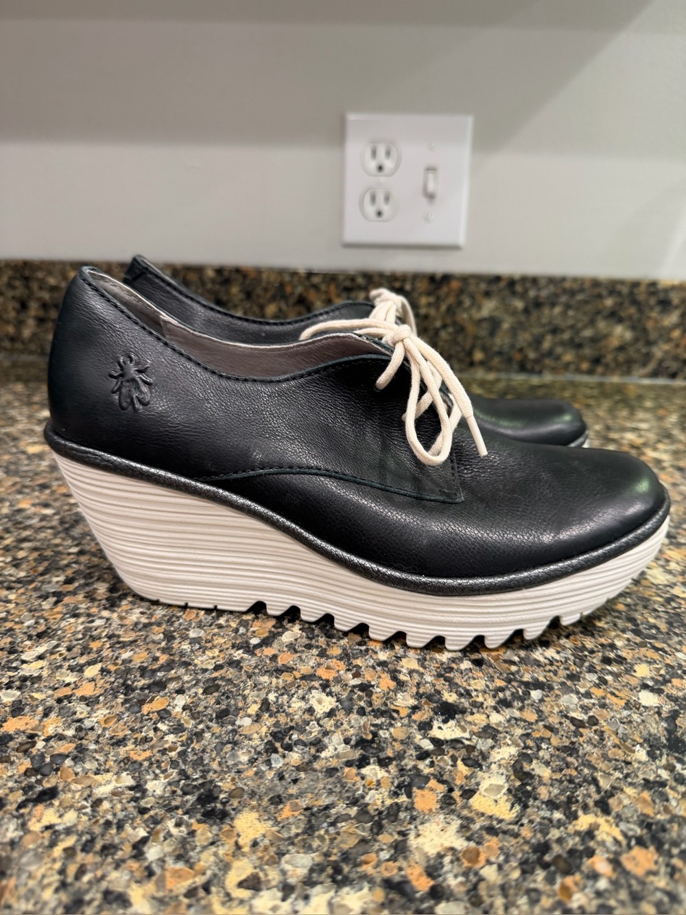 Fly London Women's Black Leather Wedge Oxford with Cream Platform